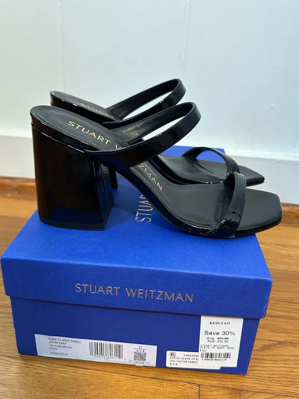 Stuart Weitzman Slide Block Heel Sandal Black Patent Leather Size 7B